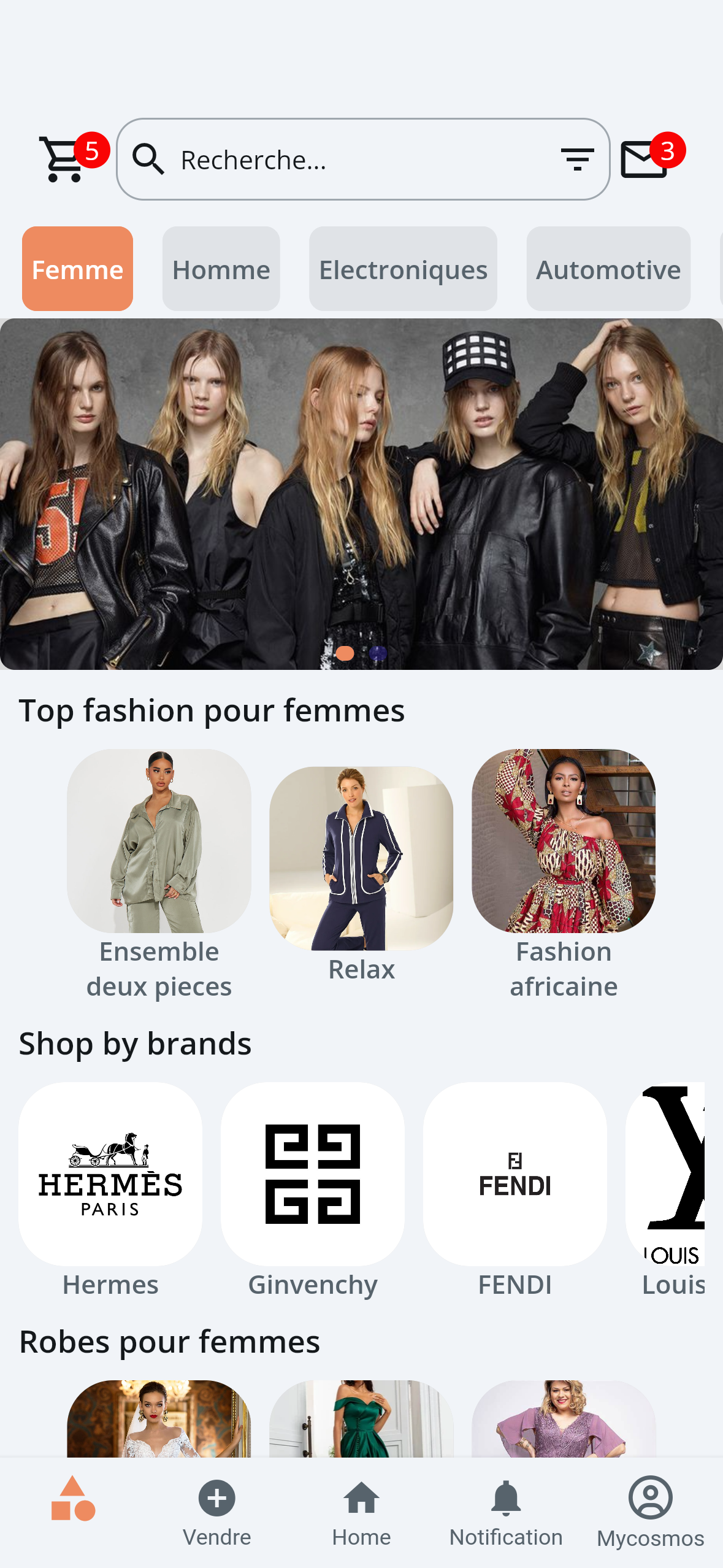 Capture des catégories de l’application COSMOS
